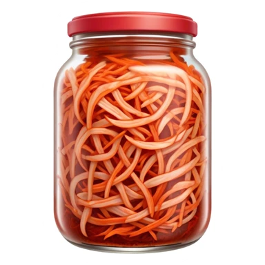 Shredded Kimchi Cinematic Realistic Kimchi Dish Emoji, depicted as spicy, fermented cabbage with vibrant red hues neatly served in a traditional jar, rendered with dynamic textures and bold, appetizing lighting. sticker