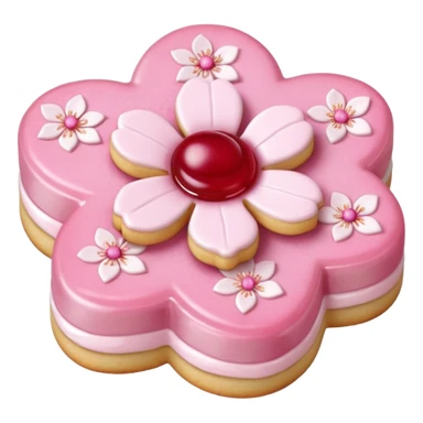 Realistic shortbread cookie in the shape of a cherry blossom with pale pink color jelly middle filling and sprinkled powder sugar on top. sticker