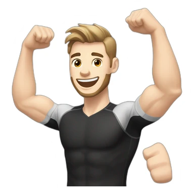 Joyful Celebrating victory Pale skinned Fit Man With the biceps and dark brown hair in black shirt, gray sports shorts and white Sneakers sticker