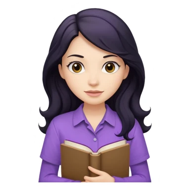 Long Hair Women with purple Book, Black wavy hair, beige shirt sticker