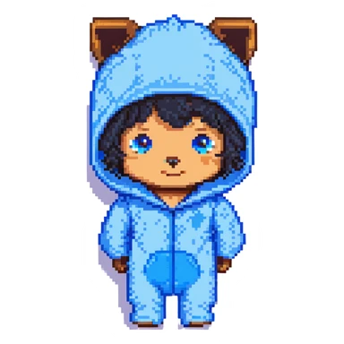 Minecraft pixel art face of OMZ, with blue dog onesie hood, curly black hair, brown eyes, matching the reference sticker