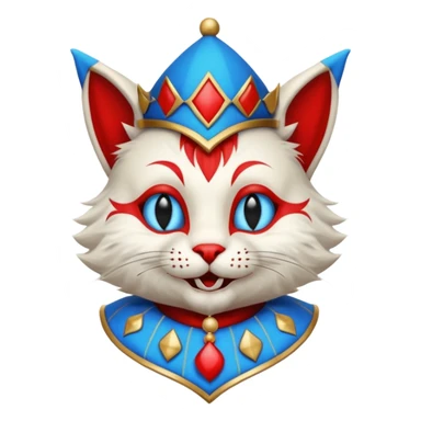 crazy colorful cute little cat jolly joker from poker, medieval, vintage, court jester, mac os icon, blue and red color, half body sticker