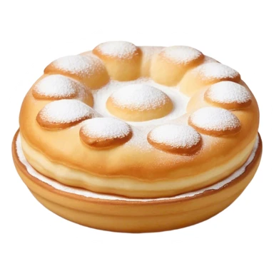 Cinematic Realistic image of simple round buñuelos, depicted with a lightly crisp, golden exterior and soft, airy interior, dusted with a subtle layer of powdered sugar and set against a rustic backdrop with warm, inviting lighting. sticker