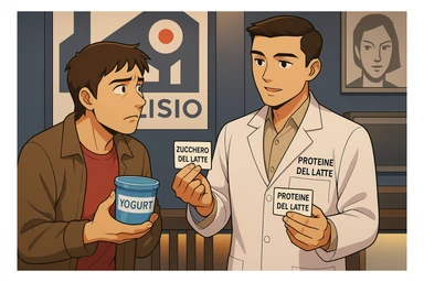 fai un webtoon manga a colori con questo stile, in cui un uomo ASCOLTA Il kinesiologo con il camice bianco (fagli anche la scritta "ANTONIO ANANIA" SUL CAMICE, IL KINESIOLOGO SPIEGA ALL'UOMO UNA COSA TENENDO DUE FOGLIETTINI IN MANO, UNO CON LA SCRITTA "ZUCCHERO DEL LATTE" E UNA CON LA SCRITTA "PROTEINE DEL LATTE". L'UOMO OSSERVA LO YOGURT CHE HA IN MANO CON ESPRESSIONE DUBBIOSA IN VOLTO. non fare i fumetti però, fai solo in modo che sembri stiano parlando sticker