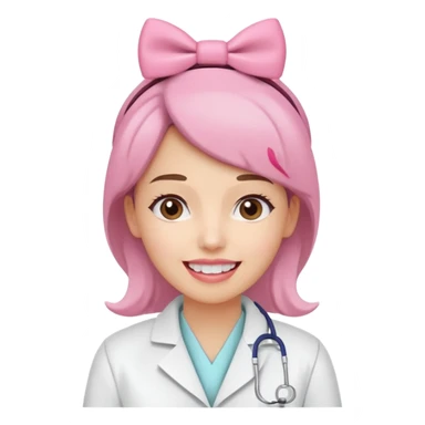 oji style illustration of a female dentist, friendly and smiling, wearing a white coat, with a small pink bow on her head, representing oral cancer awareness, caring and healing, soft colors, simple design, flat illustration, white background. sticker