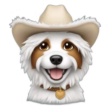 Happy small dog with all white shaggy fur wearing a cowboy hat sticker