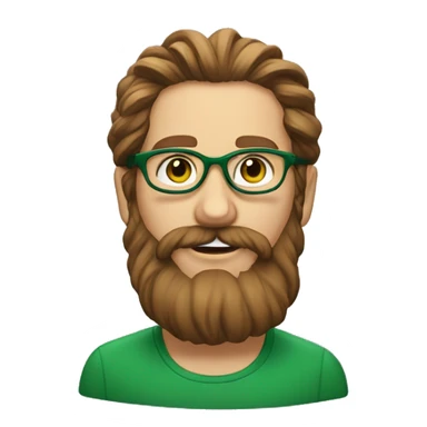 An emoji of a face of white man with long wavy brown hair tied into a bun, wearing green prescription glasses. He also has a long beard sticker