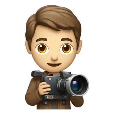 European film director with brown piled short hair holding a cinema camera sticker