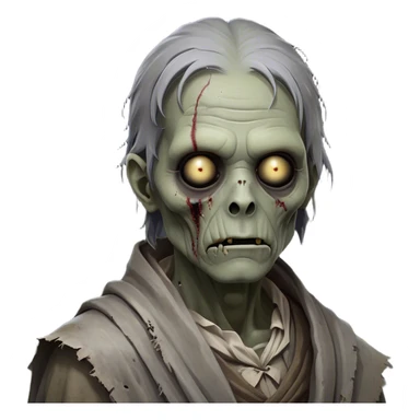 Cinematic Noble Zombie Portrait Emoji, Surprisingly dignified and somber, with a decaying yet strangely regal visage in ashen grays and muted tones, draped in tattered attire hinting at a lost grandeur, simplified yet meticulously detailed, glowing with a soft, eerie radiance and a gentle outline that evokes the tragic nobility of the undead! sticker