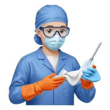 A meticulous cleanroom worker dressed in full protective gear, including a blue sterile suit, a face mask,  and orange gloves.  cleaning glasses with a wipe in one Hand sticker