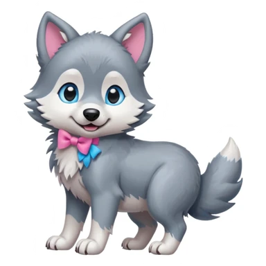 an animated gif-style sticker emote of a wolf puppy bent forward in a playful pose wagging its tail in a smooth, natural arc over its back. It has a pink bow in front of its ear and bright blue eyes sticker