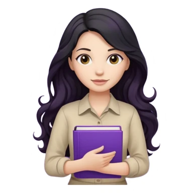Long Hair Women with purple Book, Black wavy hair, beige shir, without background sticker