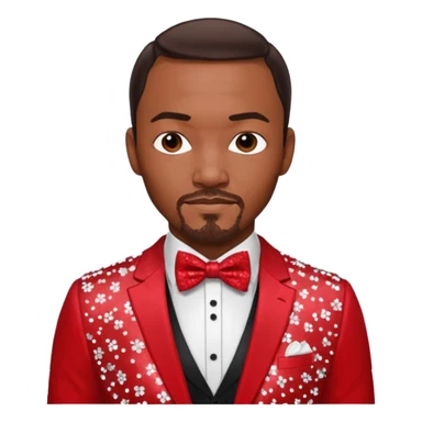 Anthony Mackie with dark brown hair, red shirt, white sequin suit jacket with bow tie sticker