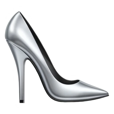 A pair of high heel shoes emoji made of polished silver chrome, elegant sharp silhouette, smooth metallic surface, glossy reflections, luxury sexy vibe, minimalistic iOS emoji style, centered, clean white background sticker