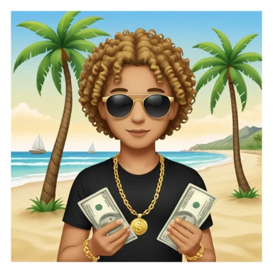 Mixed-race person with curly hair, black t-shirt, gold chain necklace, holding dollar bills in both hands, wearing black sunglasses, beach with palm trees in background sticker