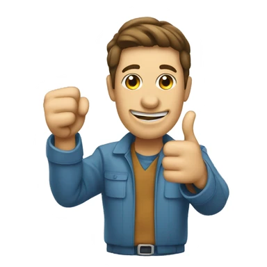 A person showing they have completed a task by pointing at it with a thumbs up sticker