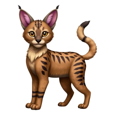 A Colorful  exotic tropical tribal cute happy realistic esoteric patterned fluffy furry dark caracal-Lykoi-bobcat-sphynx-genet-serval-Fakémon-fursona-hybrid-fusion-animal-creature, full body, 4-legged sticker