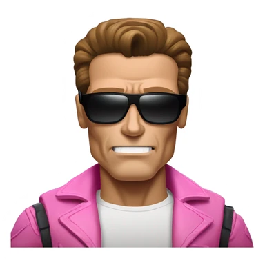 Schwarzenegger-like Terminator, upper body only, wearing his iconic clothes in pink (all clothes must be pink), looking more human with minimal robotic details, and wearing dark sunglasses, hair must be dark sticker