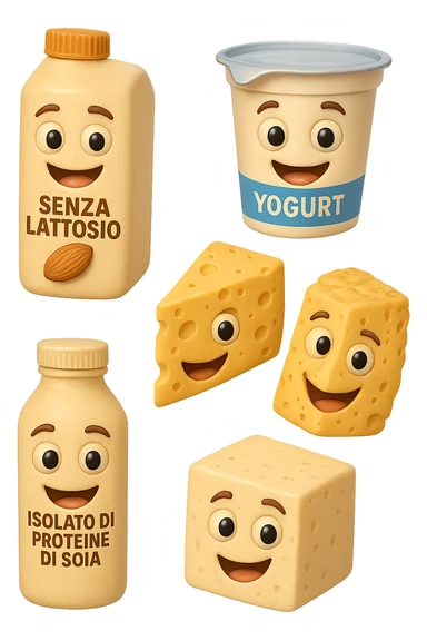 emoji stile iphone 3d di Latte e yogurt delattosati in italiano
Latte di mandorla (non zuccherato)
Latte di soia da proteine isolate
Formaggi stagionati (es. parmigiano)
Tofu compatto e tempeh
 che fluttuano in aria, iperealistico 4k sticker