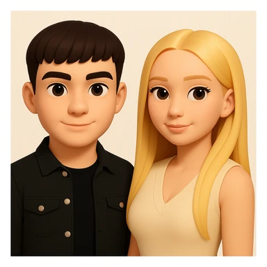 Slightly increase the volume of the upper body of the girl, separate the girl and the boy from each other, and make the skin color the same for both characters. Maintain the cartoonish 3D style in the edit. sticker