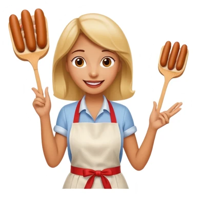 A cheerful woman selling hotdogs, waving a tongs in one hand. sticker