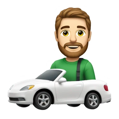 a white man with a brown beard and medium length brown hair and green eyes driving a white car sticker