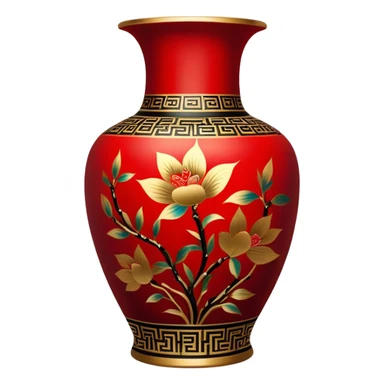 Chinese metal painting icon, intricate hand-painted Chinese patterns on metal vase, vibrant colors like red, gold, and black, delicate brushstrokes, visible fine paintbrush and metal surface, painting process, minimalistic style, clean lines, transparent background. sticker