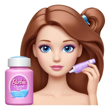 Barbie girl Chestnut Shoulder-length hair and blue eyes is In pale purple smears by hand cosmetic cream on her face sticker