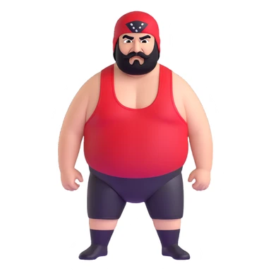 White skin fat guy with prominent black durag, short black beard and mustache, black eyes in a red and black wrestling singlet with angry face sticker