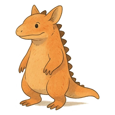 orange bipedal reptile-mammal hybrid, ghibli style, soft shading, whimsical look sticker