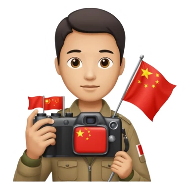 A Chinese man with a Chinese flag and a camera sticker