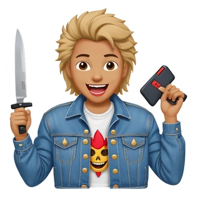 savage person wearing 80s 1988 outfit, denim jacket with shoulder pads, holding a knife, laughing maniacally sticker