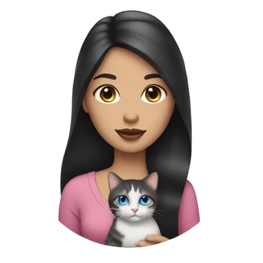 woman with long dark hair, pink lips,and blue eyes holding a tabby cat sticker