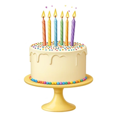 Vanilla buttercream cake on a light yellow cake stand, rainbow confetti sprinkles and sparklers sticker