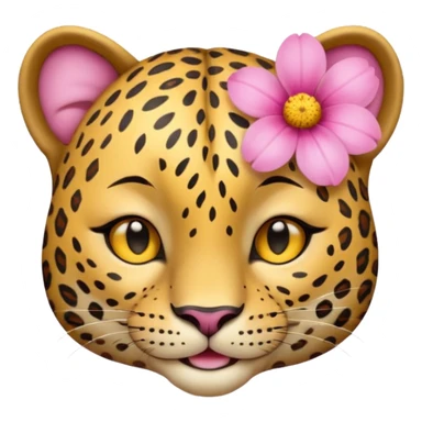 A cutE leopard face with eyes closed and a peaceful smile. A pink flower with a yellow center is tucked behind its right ear, adding a charming and gentle touch.  sticker