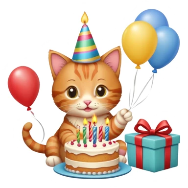 Ginger tabby kitten celebrates birthday, birthday hat, birthday cake, one candle, balloons, happy, gifts sticker