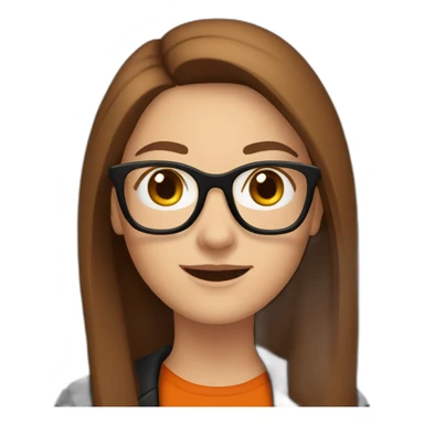 white woman with glasses with long straight brown hair waving wearing a dark orange shirt and black jacket sticker
