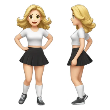alistic-full-body-caucasian-curvy-beauty-jumping-short black-skirt-back-and-front-views-strong-wind-knickers-long-white-socks sticker