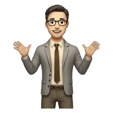 Full height Actively gesturing with hands Pale skinned fit man with dark brown hair in gray jacket, beige office shirt, brown tie, brown pants and vintage glasses. sticker
