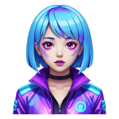 Cyberpunk Japanese girl with neon blue wig, holographic jacket, digital glitches effect, dark background with purple glow, iOS app icon style sticker