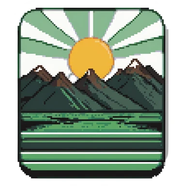 A pixel art icon with a green rectangle, rounded corners, white sub-rectangle with black border, black mountains, sun, and four green stripes. sticker