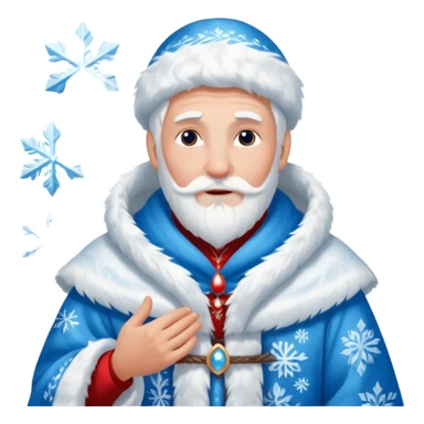 Legendary fantasy human Christmas portrait icon, Grandfather Frost and Snow Maiden style, traditional winter robe with fur, magical snow patterns, kind powerful expression, icy blue and white colors with red accents, classic Slavic winter fairy tale mood, clean readable emoji style, male/female sticker