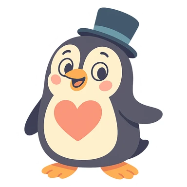 cute penguin wearing a top hat with a big heart on its chest in pastel-toon style sticker
