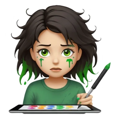 emoji holding and drawing on tablet using a stylus, looking down at screen in frustration, female, messy dark hair, green eyes, alternative/grunge style, screen slightly visible with splashes of color like a paint palette  sticker