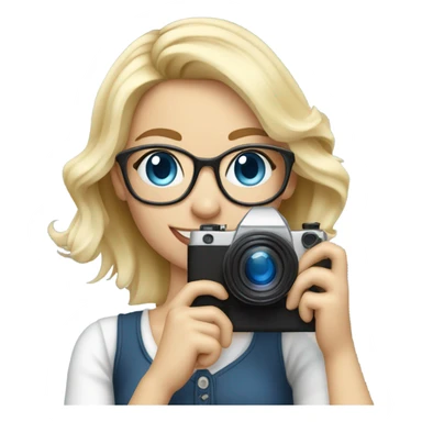 Elegant real blonde girl with glasses smiling blue eyes taking pictures with a camera  sticker