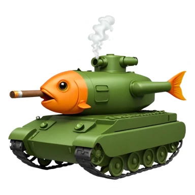 goldfish in the hatch of a green military tank, puffing a cigar, iOS emoji style sticker