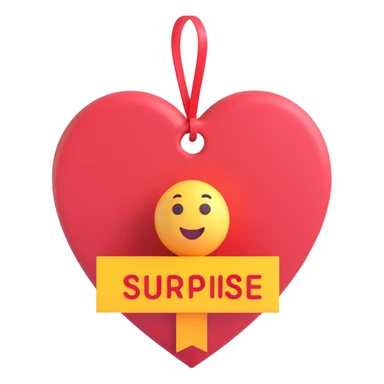 Change the name on the heart-shaped gift tag to 'Surprise', keep the 3d emoji style, no background. sticker