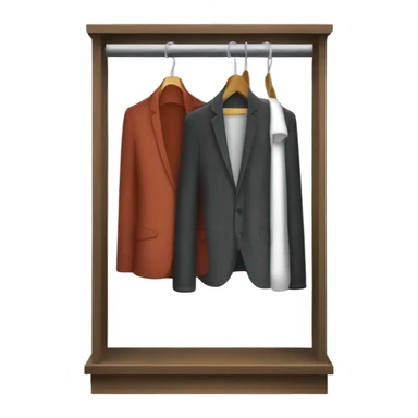 Design an emoji-style icon of an open wardrobe with clothes hanging inside. Include details like a wooden frame, hangers, and only black or white different clothing items such as shirts or any other clothing . Use a clean and minimalistic design. sticker