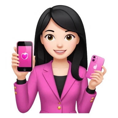 chica blanca con pelo negro liso sosteniendo con una sola mano un celula iphone 13 rosa, con vestimenta d salir de fiesta sticker