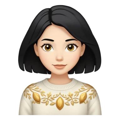 A woman with shoulder-length black hair, light to medium skin tone, full cheeks, and almond-shaped eyes, wearing a white sweater with gold design, lying comfortably on a bed with soft lighting, joyful and radiant expression. sticker